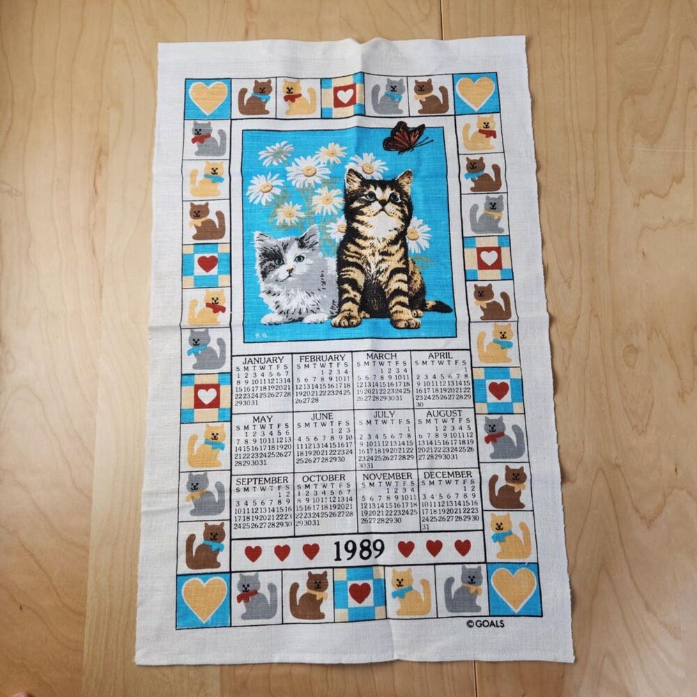 Vtg 1989 Cats Kittens Country Hearts Linen Cloth Wall Calendar Hanging Kitchen